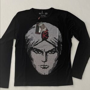 Black Long-Sleeve Men’s Graphic Tee with Statement Face Print